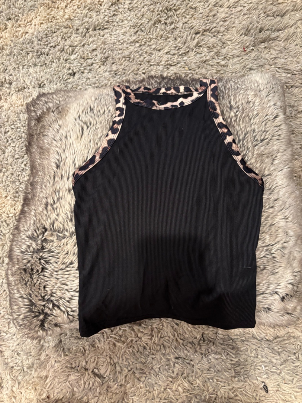 Black Ribbed Tank with Leopard Trim - Women's Top